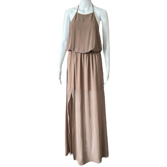 Show Me Your MuMu Dresses & Skirts - SHOW ME YOUR MUMU HEATHER CHIFFON HALTER DRESS GOWN SZ S TAN STRETCH LAYERED